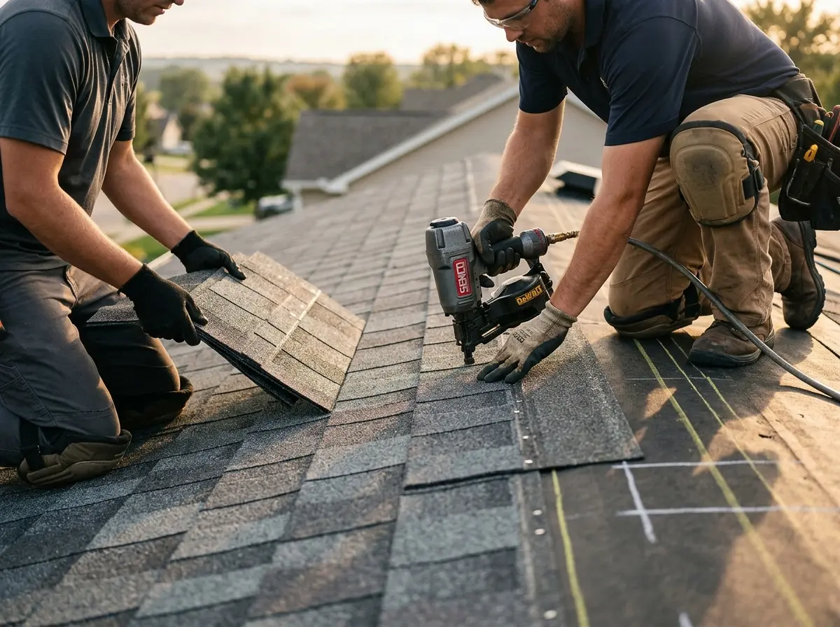 Professional roofer working on a residential roof in Peachtree Corners